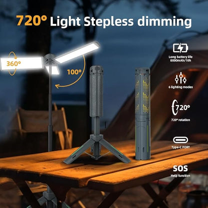 8000mAh Camping Lantern (with Adjustable Stand) — 3.4-Foot, 1800-Lumen Cordless Work Light, Featuring 3 Adjustable Light Heads, Stepless Dimming, and Emergency Flashlight Function