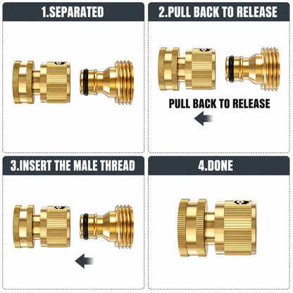 Garden Hose Quick Connector, 1 PCS Solid Brass 3/4 Inch GHT Thread Fitting (NO Sprayer), No-Leak Water Hose Female Adapter (No Male), Garden Hose Connectors