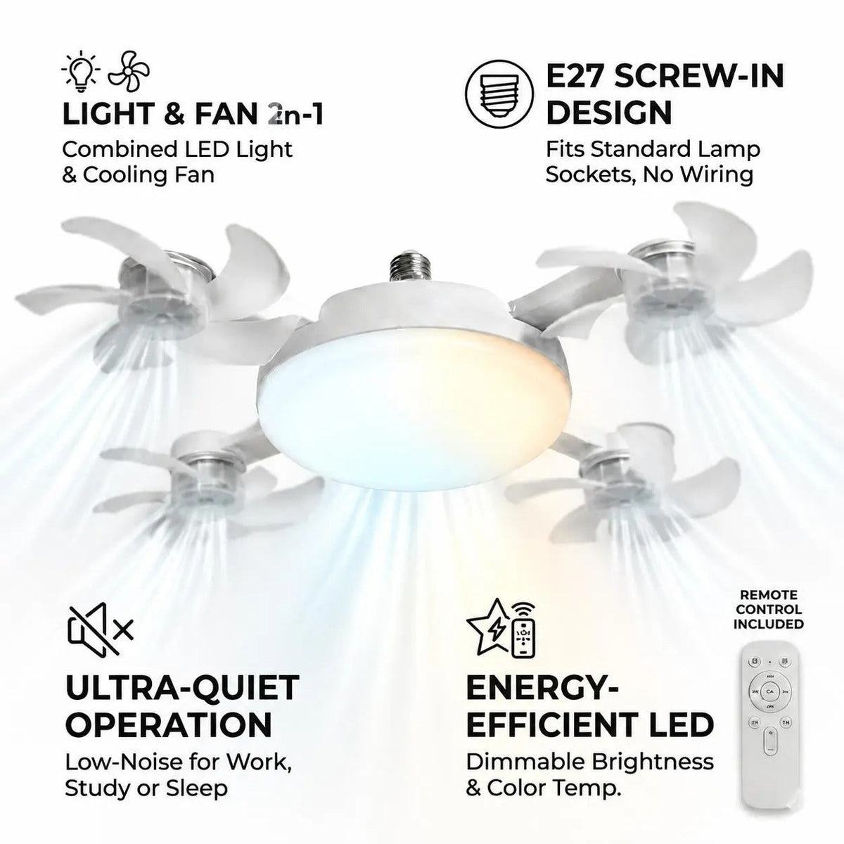 2026 Neuer E27-Sockel Deckenventilator mit Licht – 2-in-1 leiser LED-Ventilator mit Fernbedienung, energiesparende Kühl- und Beleuchtungskombination für das Schlafzimmer zu Hause