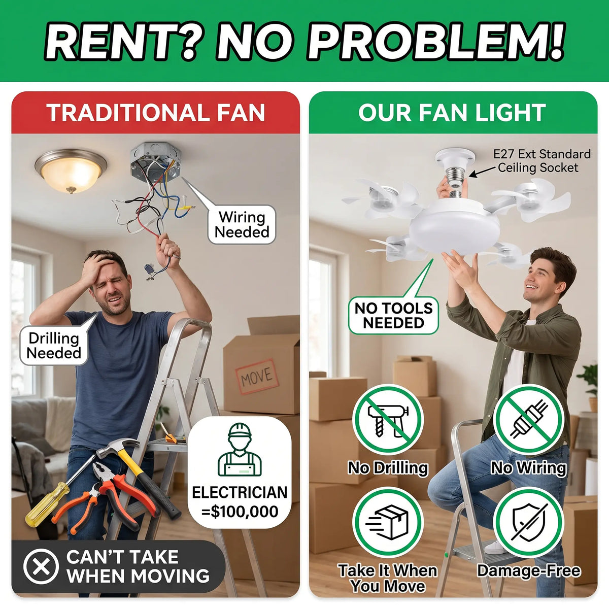2026 Neuer E27-Sockel Deckenventilator mit Licht – 2-in-1 leiser LED-Ventilator mit Fernbedienung, energiesparende Kühl- und Beleuchtungskombination für das Schlafzimmer zu Hause